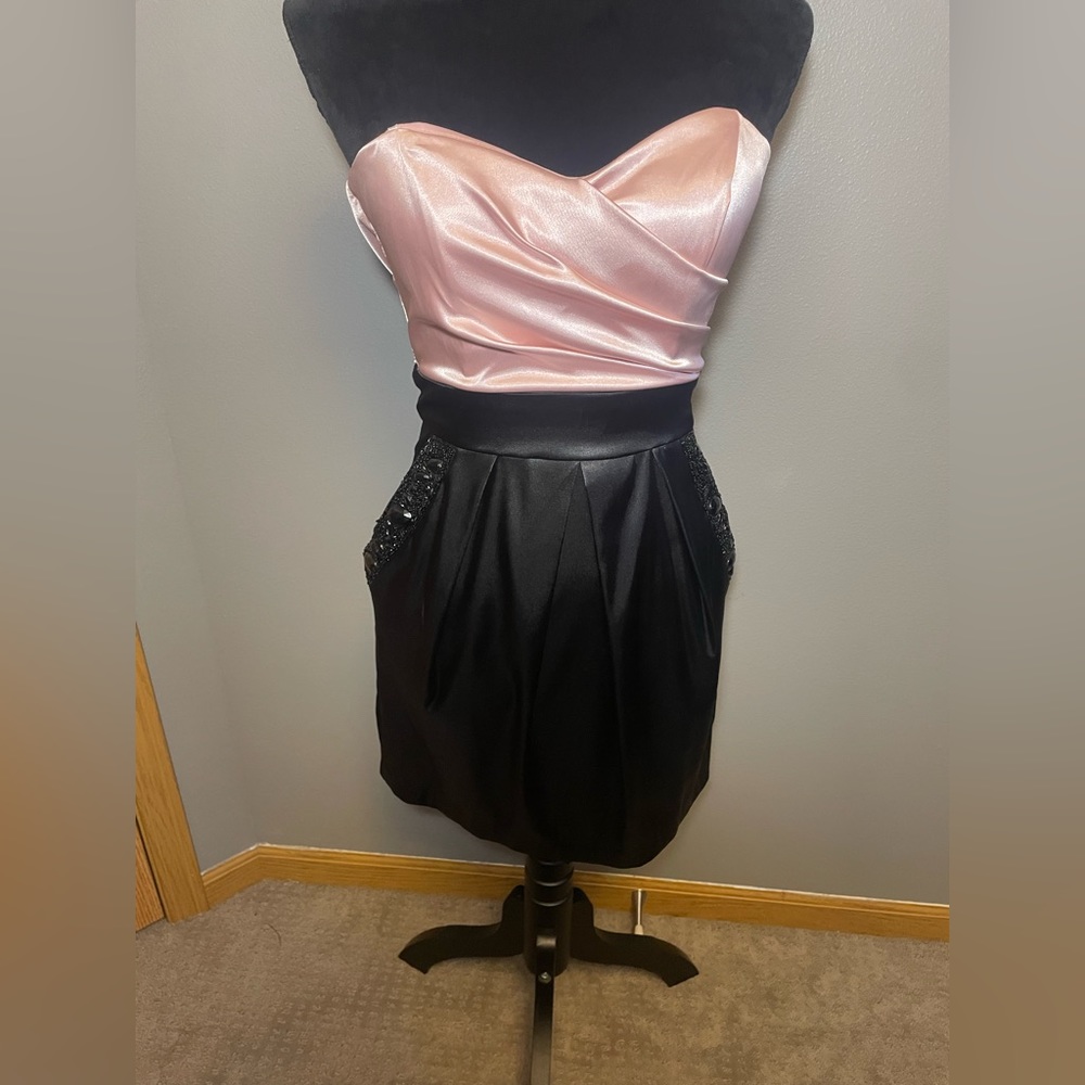 Pink and black strapless formal dress